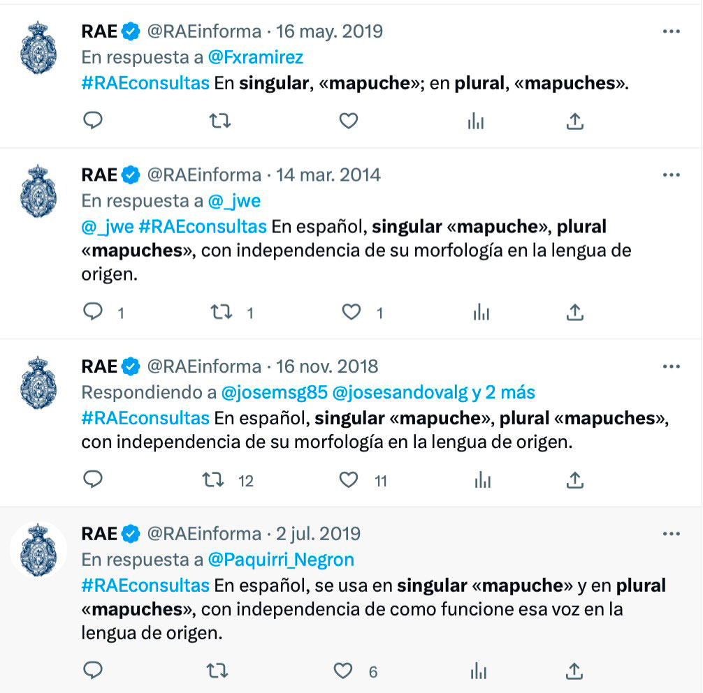 imagen de un tuit de la Real Academia Española en respuesta a usuarios que preguntan por la pluralización de la palabra mapuche